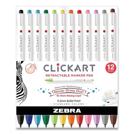 ZEBRA PEN ClickArt Porous Point Pen, Retractable, Fine 0.6 mm, Assorted Ink Colors, White Barrel, PK12 69012